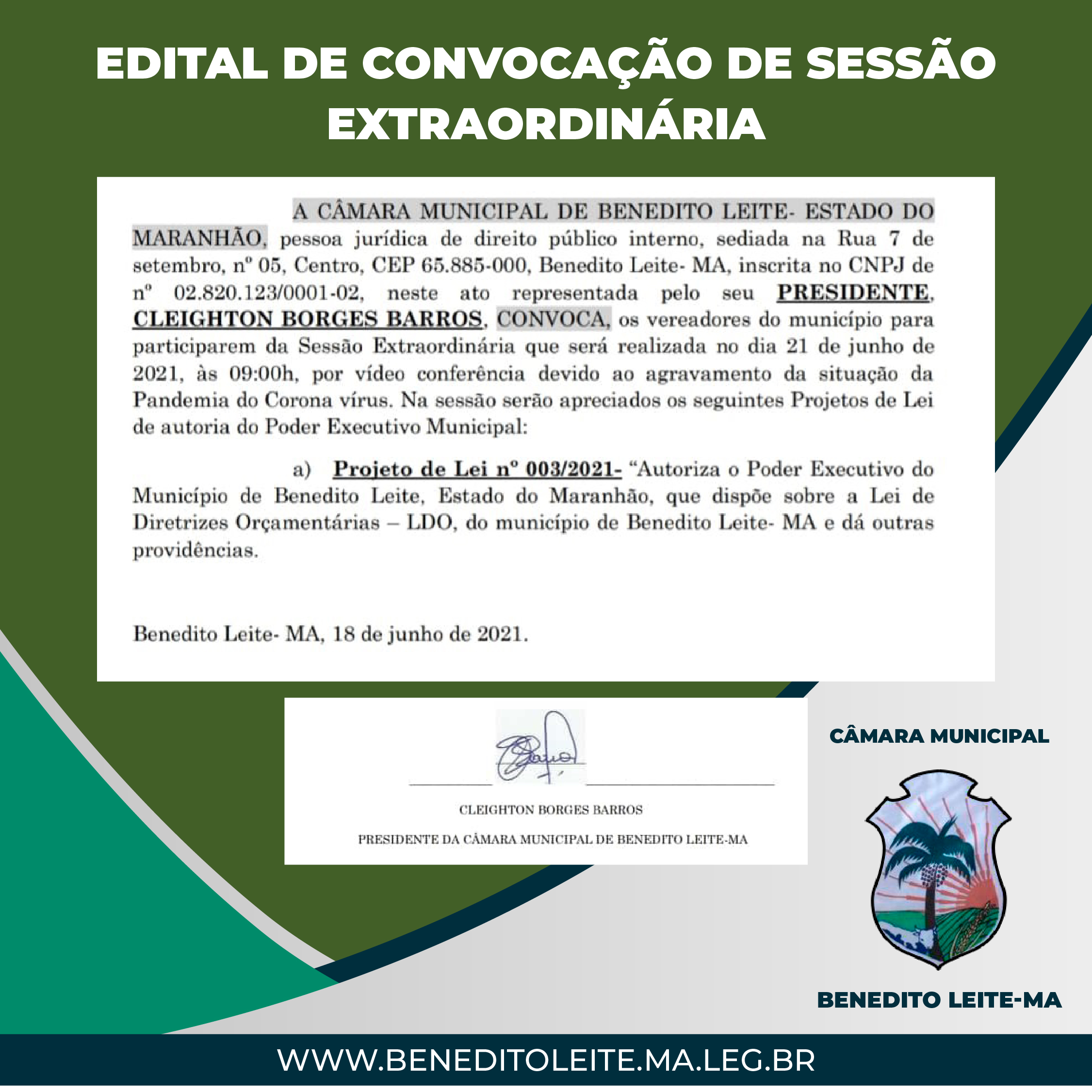 Edital de convocação de Sessão Extraordinária para 21 de junho de 2021