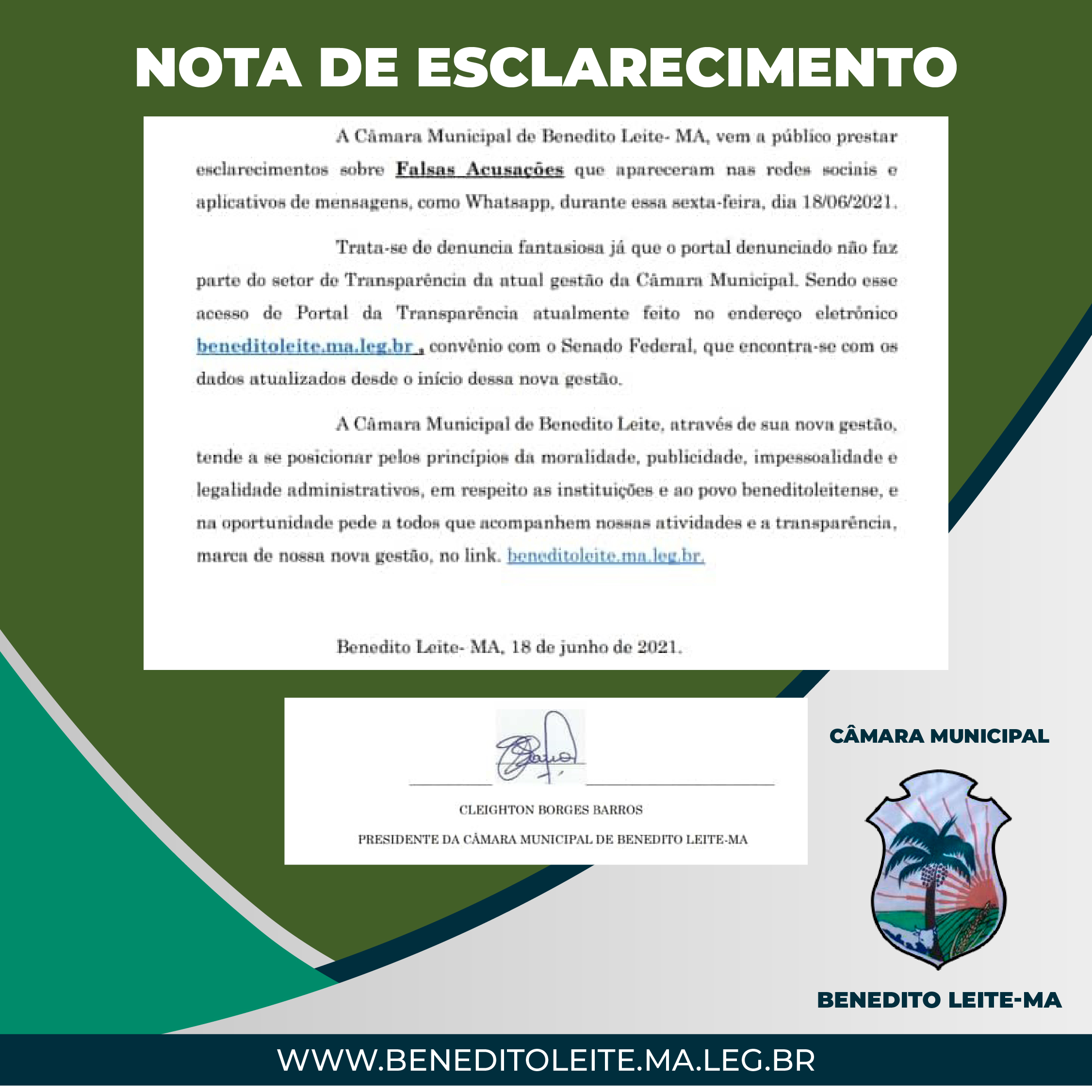 Nota de Esclarecimento da Câmara Municipal de Benedito Leite